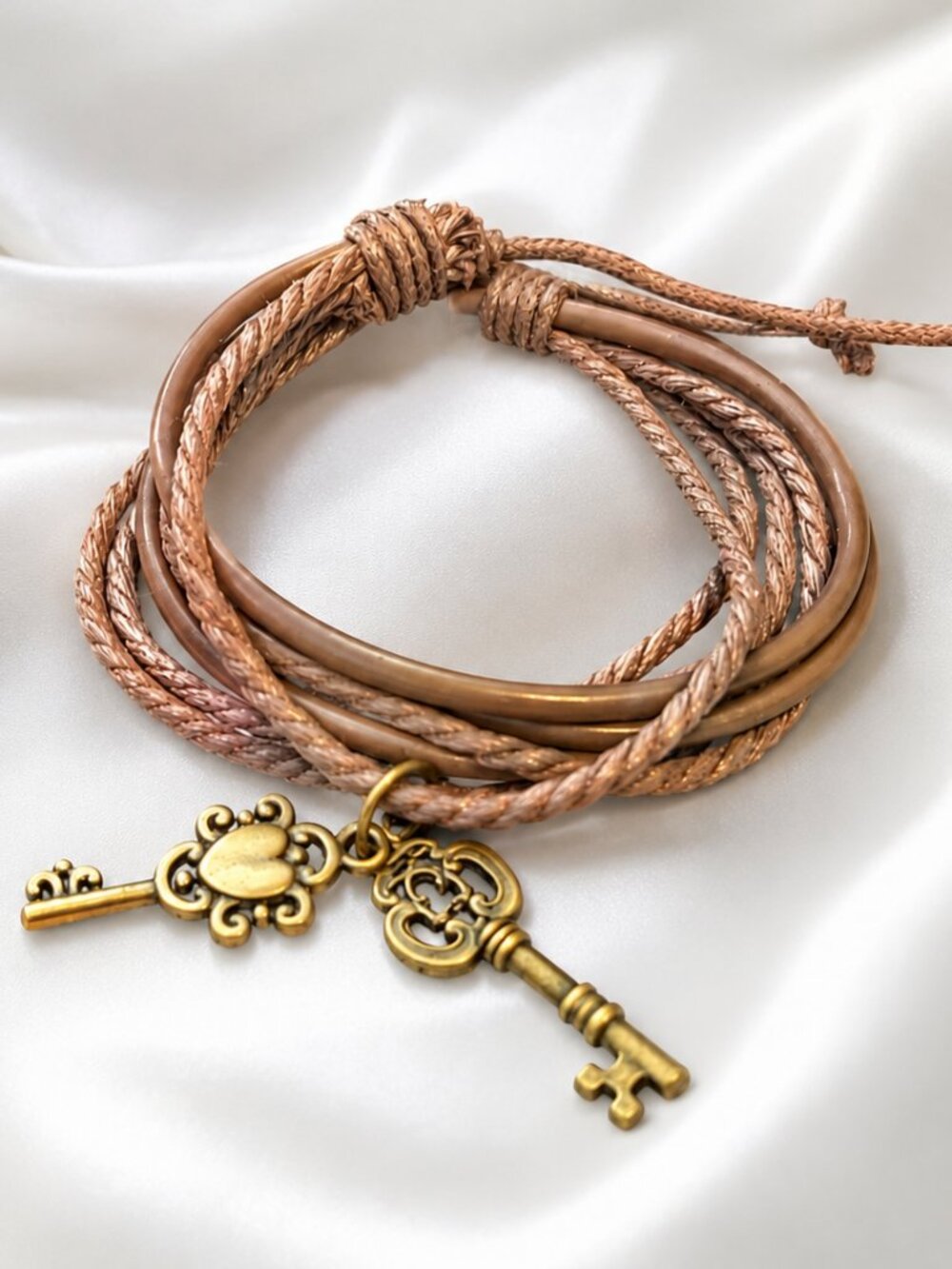 Handmade Key Charm Wrap Bracelet NWT Adjustable Faux Leather